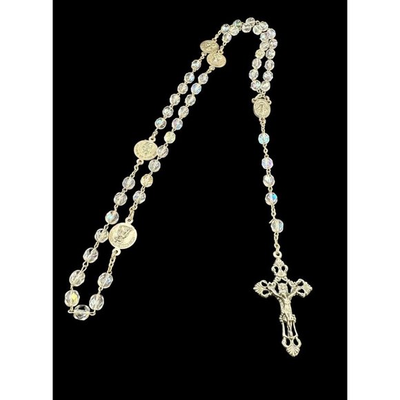 Vintage Signed INRI Cut Aurora Glass Crystal Jesus Rosary ITALY - Picture 1 of 9